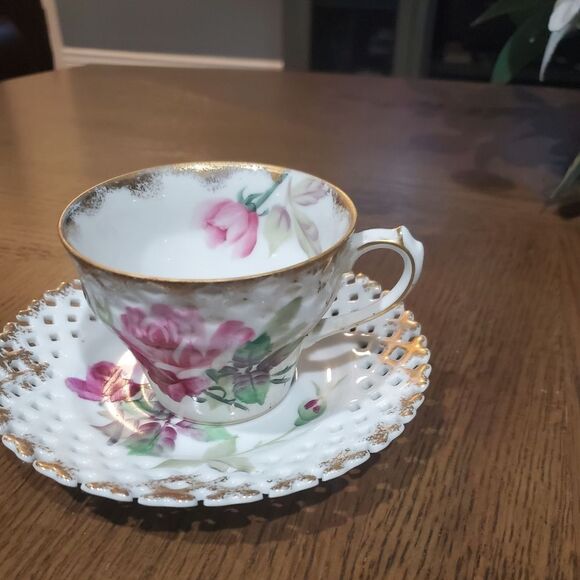 VINTAGE Lefton China Rose Tea Cup and Saucer reticulated - Picture 1 of 5